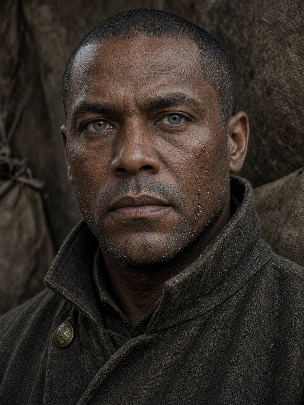 Idris Kane, the ground gunner, in a wool coat